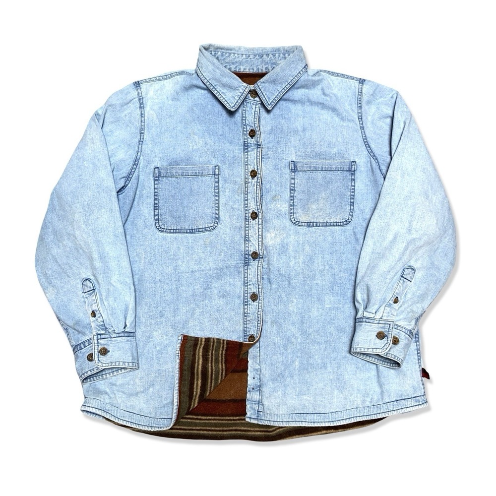 Woolrich Women's 2XL Denim Shacket Blanket Lined Distressed Bleach Splash Blue